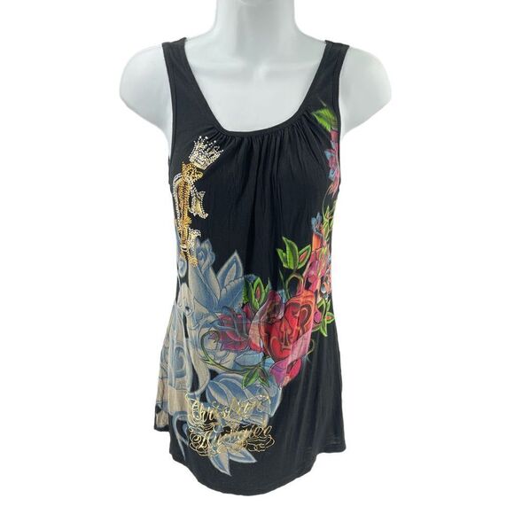 Christian Audigier ruched bling long line tank top black Extra Small - Picture 1 of 11